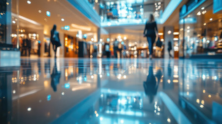A blurred shot of people shopping in a luxury mall, with sparkling reflections on glossy tiled floorsの素材