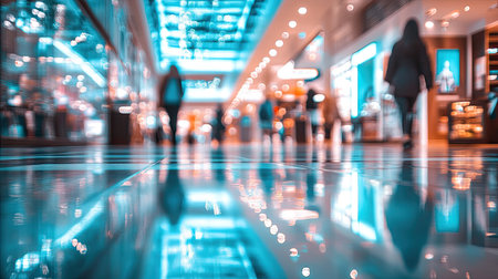 A blurred shot of people shopping in a luxury mall, with sparkling reflections on glossy tiled floorsの素材