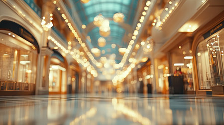 A blurred view of a luxury shopping mall interior, showcasing bright lights, high ceilings, and elegant store facadesの素材
