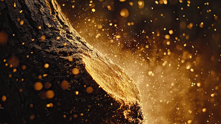 A chainsaw cutting through a large tree, with sawdust and wood chips flying in a dramatic close-upの素材