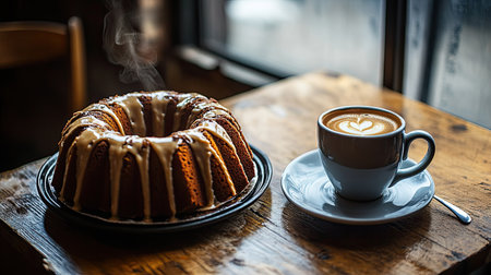 A bundt cake with a coffee glaze, served alongside a steaming cup of espresso on a wooden tableの素材
