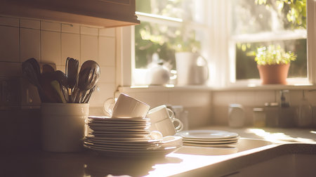 A bright kitchen with a ceramic sink full of unwashed plates and mugs, with sunlight streaming inの素材