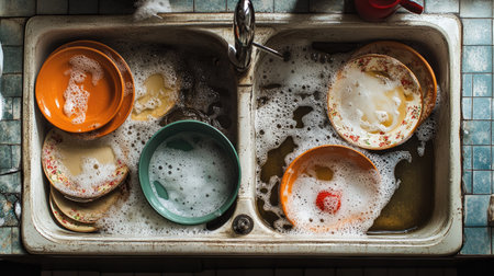 A ceramic sink piled with greasy pots and plates, with dish soap foam creating a messy yet satisfying sceneの素材
