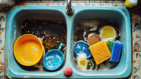 A ceramic sink with dirty dishes and greasy pans, surrounded by colorful sponges and dish soapの素材