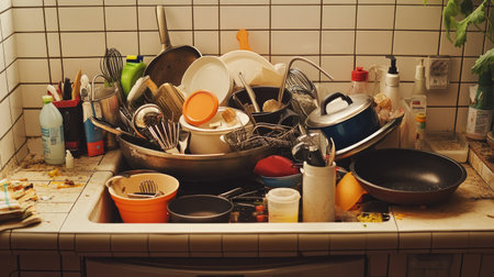 A ceramic sink filled with a chaotic pile of pots, pans, and utensils, surrounded by dishwashing suppliesの素材