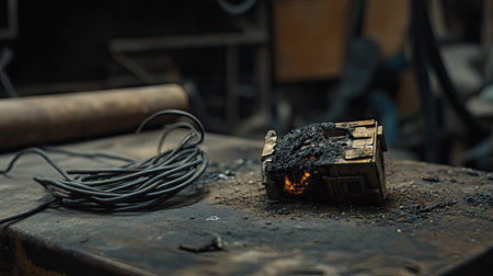 A burnt-out fuse with a charred wire next to it, resting on a workshop tableの素材