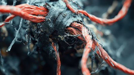 A close-up of a scorched wire connection, with frayed ends and melted insulationの素材