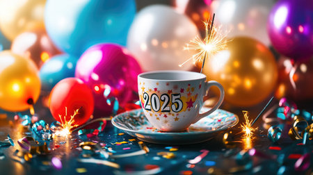 A cheerful New Year display with a coffee cup and plate featuring , surrounded by colorful balloons, streamers, and glowing sparklersの素材