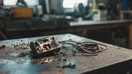 A burnt-out fuse with a charred wire next to it, resting on a workshop tableの素材
