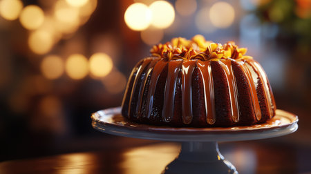 A bundt cake with a rich chocolate coating and caramel drizzle, placed on a cake stand with warm lightingの素材