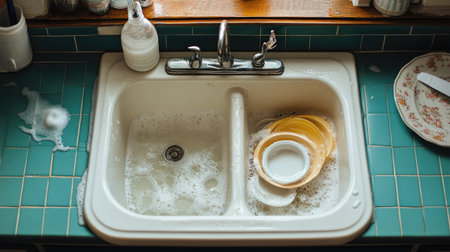 A ceramic farmhouse sink with unwashed dishes and soap suds, creating a relatable and lived-in atmosphereの素材