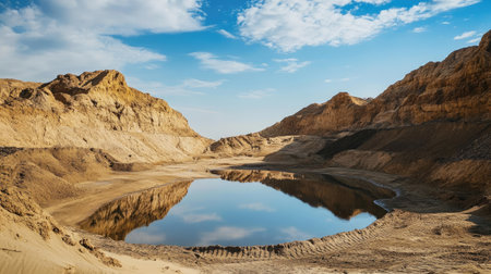 A rugged sand quarry with a large pond formed by excavation, reflecting the sky and surrounded by sand pilesの素材