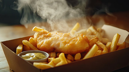 A serving of fish and chips in a takeaway box, with steam rising and dipping sauces includedの素材