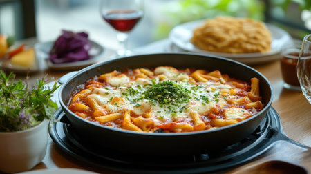 A sizzling pan of rose noodle tteokbokki with creamy sauce and colorful vegetables, served on a modern table setupの素材
