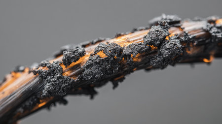 A close-up of a wire bundle after an electrical short circuit, with soot-covered insulation and charred edgesの素材