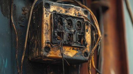 A close-up of a junction box with burnt wires and visible damage to the insulationの素材