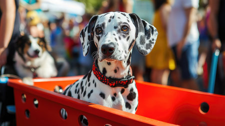 A Dalmatian sitting in a bright red cart at a pet parade, with other animals and owners nearbyの素材
