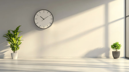 A sleek, minimalist wall clock with a metallic frame on a light gray wall, surrounded by modern decorの素材