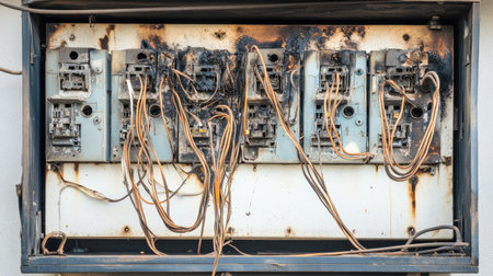 An old and worn electrical panel with several burnt wires and corroded connectors visibleの素材