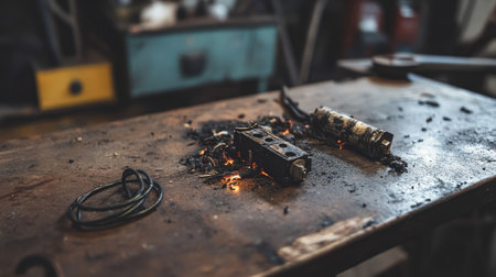 A burnt-out fuse with a charred wire next to it, resting on a workshop tableの素材