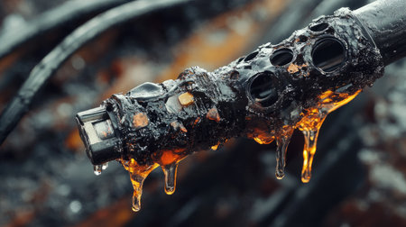 A close-up of a scorched wire connector with melted plastic dripping off the edgesの素材