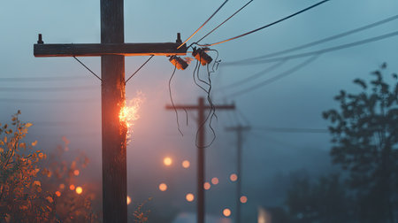A damaged power line with visible scorch marks, dangling from a pole in an outdoor settingの素材