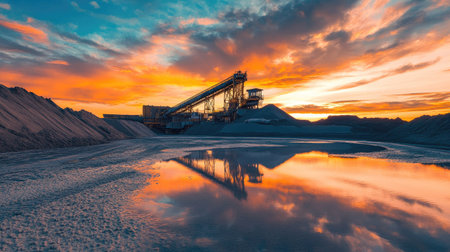 Sunset view of a sand quarry, with machinery silhouetted against the colorful evening sky and reflective sand surfacesの素材