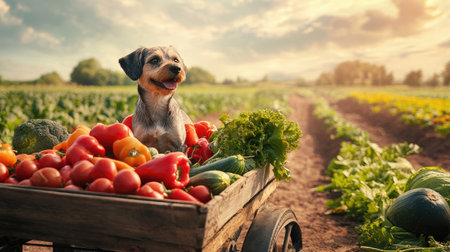 A dog sitting in a farm cart alongside fresh vegetables, with a countryside landscape in the distanceの素材