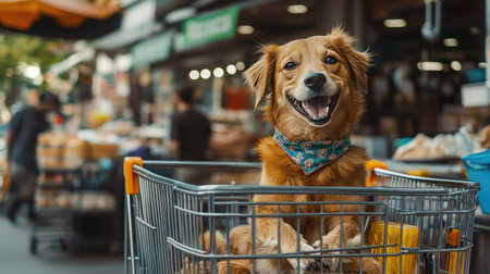A dog sitting in a shopping cart outside a busy store, wearing a bandana and wagging its tailの素材