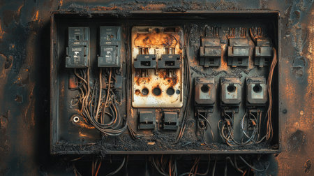 A damaged electrical panel with scorch marks, tripped breakers, and melted wiring visible insideの素材