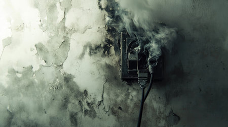 A burnt power cable plugged into an outlet, with melted plastic and smoke stains on the wallの素材