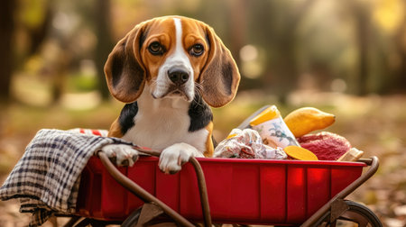 A beagle sitting in a red pull wagon cart with picnic supplies, ready for an outdoor adventureの素材