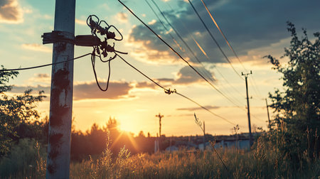 A damaged power line with visible scorch marks, dangling from a pole in an outdoor settingの素材