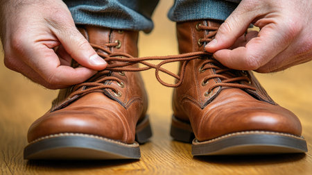 Casual close-up of a man tying his shoelaces on brown leather boots, hands adjusting the laces on a rustic wooden floor.の素材