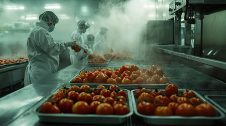 Workers sanitizing machinery while trays of tomatoes await processing in a high-standard food factoryの素材