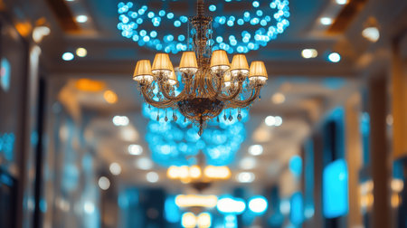 Soft-focus on a luxury mall's sparkling chandelier and intricate ceiling designs, framed by blurred storefrontsの素材