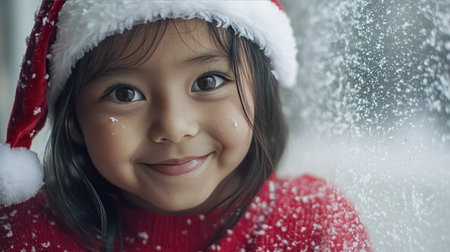 Smiling child in Santa hat and red sweater, looking through a frosted window with snow falling outside.の素材