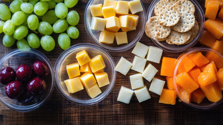 A flat-lay of several plastic packs of cheese cubes arranged next to crackers and fruit on a wooden tableの素材
