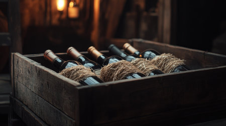 Wooden box filled with wine bottles, each wrapped in straw, on a rustic wooden table with soft lightingの素材