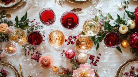 A festive holiday table with glasses of red, white, and sparkling wines surrounded by decorationsの素材