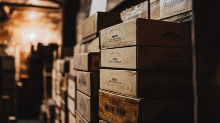 A stack of wine boxes labeled with vintage years and regions in a dimly lit wine cellarの素材