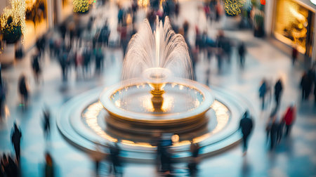 A soft-focus image of a luxury mall's iconic fountain centerpiece surrounded by blurred crowdsの素材