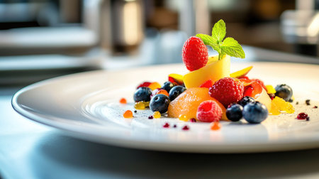 Juicy mixed fruits like blueberries, strawberries, and raspberries served on a clean white plate with a vibrant presentationの素材