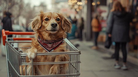 A dog sitting in a shopping cart outside a busy store, wearing a bandana and wagging its tailの素材