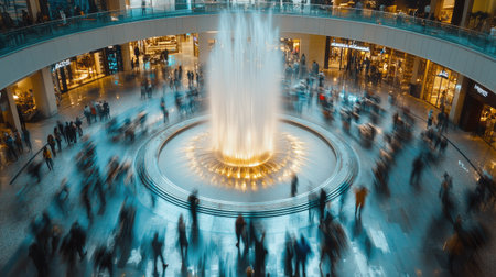 A soft-focus image of a luxury mall's iconic fountain centerpiece surrounded by blurred crowdsの素材