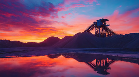Sunset view of a sand quarry, with machinery silhouetted against the colorful evening sky and reflective sand surfacesの素材