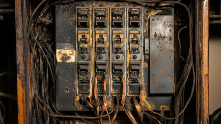 An old and worn electrical panel with several burnt wires and corroded connectors visibleの素材
