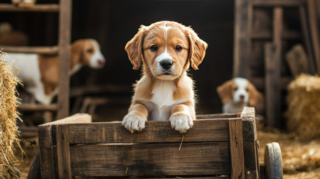 A cute puppy sitting inside a rustic wooden cart on a farm, with hay bales and barnyard animals in the backgroundの素材