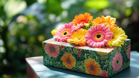 A gift box designed with vibrant gerberas and carnations arranged artistically on the lid, resting on a sunny outdoor tableの素材