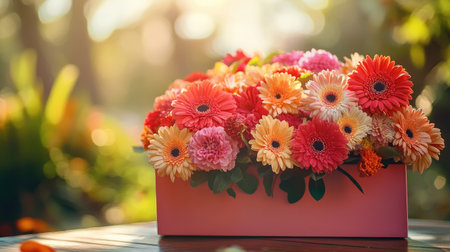 A gift box designed with vibrant gerberas and carnations arranged artistically on the lid, resting on a sunny outdoor tableの素材